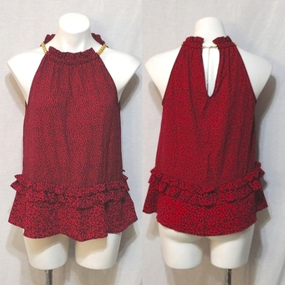 Michael Michael Kors Red Floral Halter Ruffled Tiered Tank Top Small Boho Glam